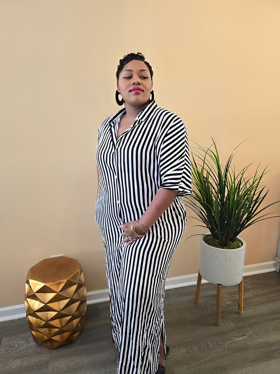 STRIPED BUTTON DOWN WOVEN SHIRT DRESS