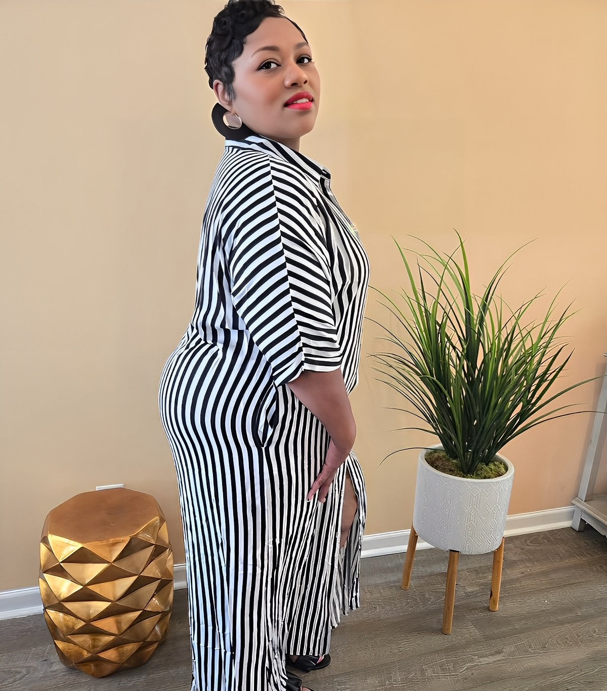 STRIPED BUTTON DOWN WOVEN SHIRT DRESS