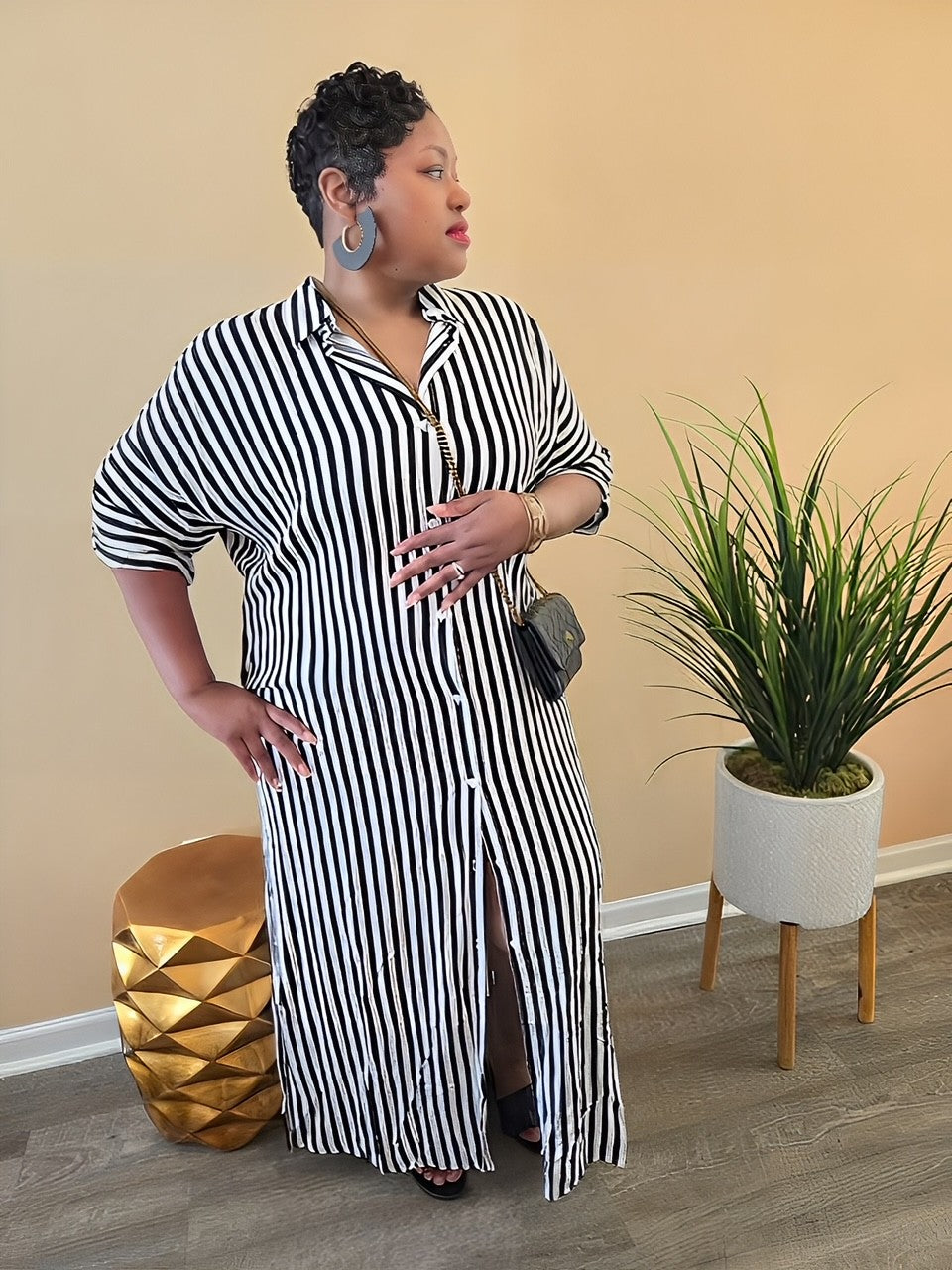 STRIPED BUTTON DOWN WOVEN SHIRT DRESS