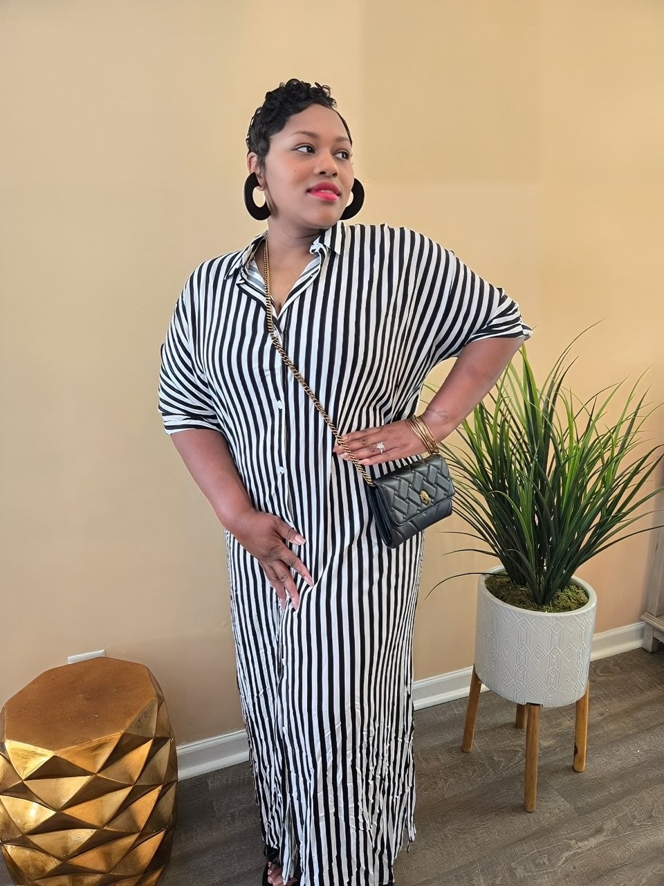 STRIPED BUTTON DOWN WOVEN SHIRT DRESS