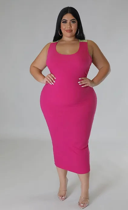 U Neck Line Sleeveless Maxi Fuchsia Dress