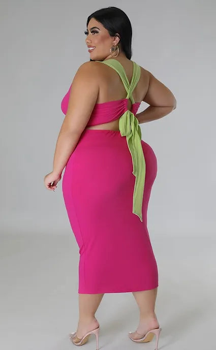 U Neck Line Sleeveless Maxi Fuchsia Dress