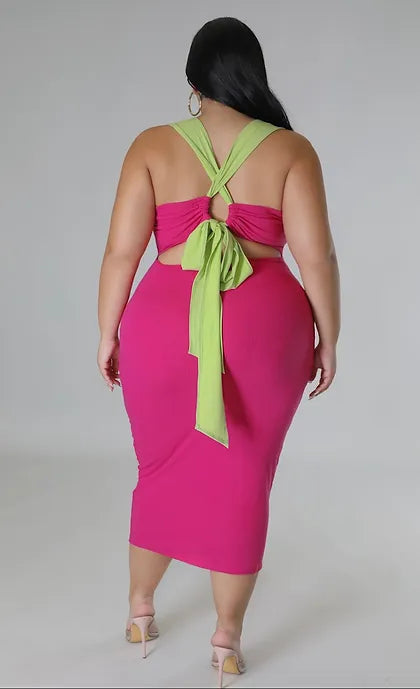 U Neck Line Sleeveless Maxi Fuchsia Dress